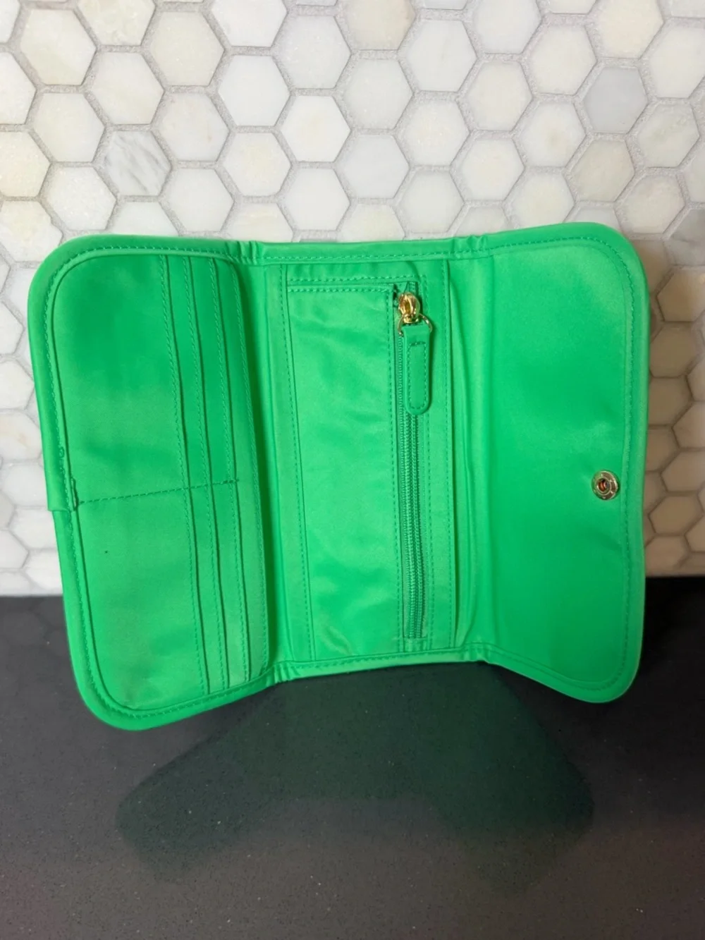Stoney Clover‎ Lane Bright Neon Green Trifold Long Wallet EUC